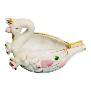 Vtg Porcelain Swan Ashtray MCM Pink Roses W/gold Trim Trinket Box